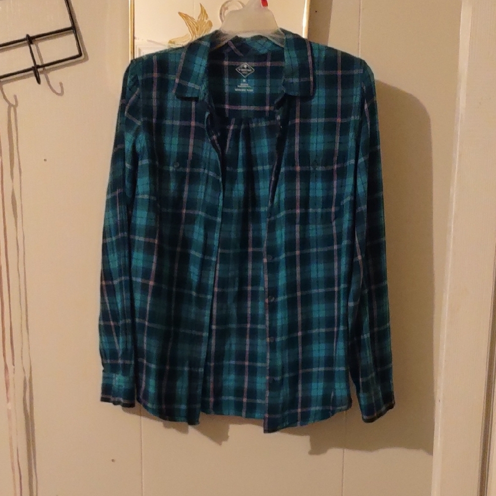 St. John's Bay Blue and Green Plaid Women's Button Down Shirt